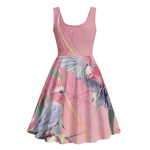 Australia Breast Cancer Awareness Midi Dress Pink Galah with Eucalyptus Flowers - Aussie Hoodie