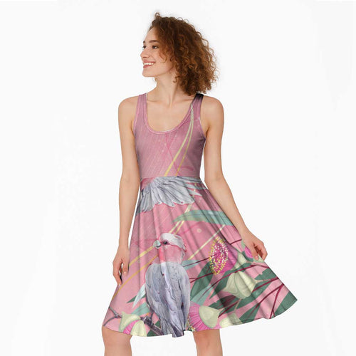 Australia Breast Cancer Awareness Midi Dress Pink Galah with Eucalyptus Flowers - Aussie Hoodie