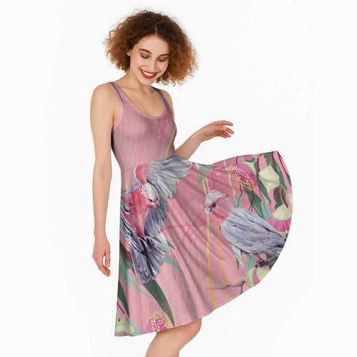 Australia Breast Cancer Awareness Midi Dress Pink Galah with Eucalyptus Flowers - Aussie Hoodie