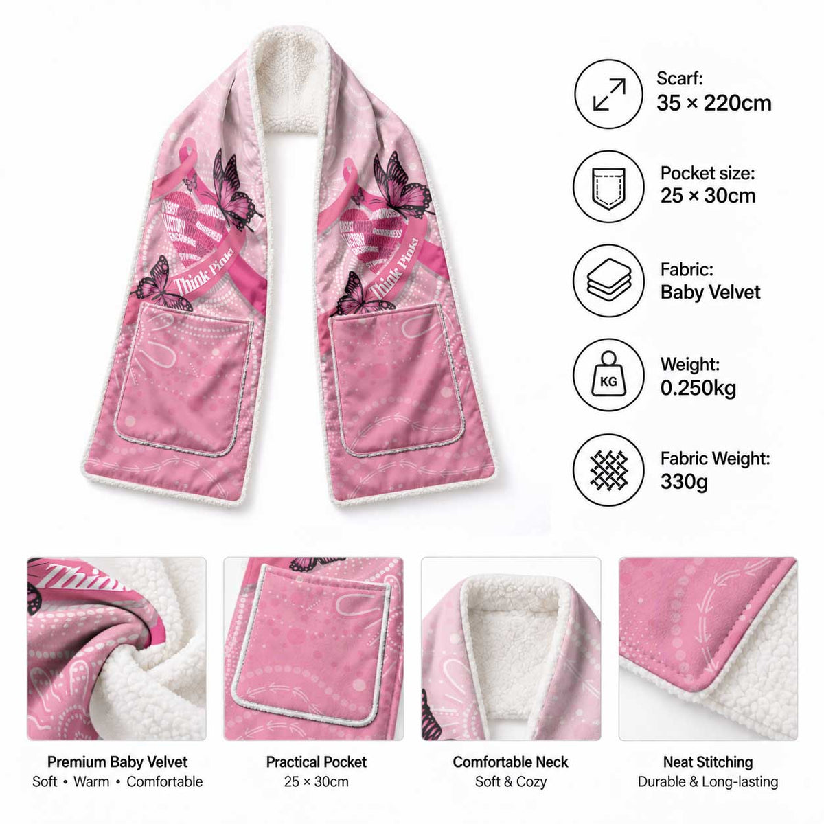Australia Breast Cancer Awareness Month Pocket Scarf Pink Ribbon Mix Butterflies