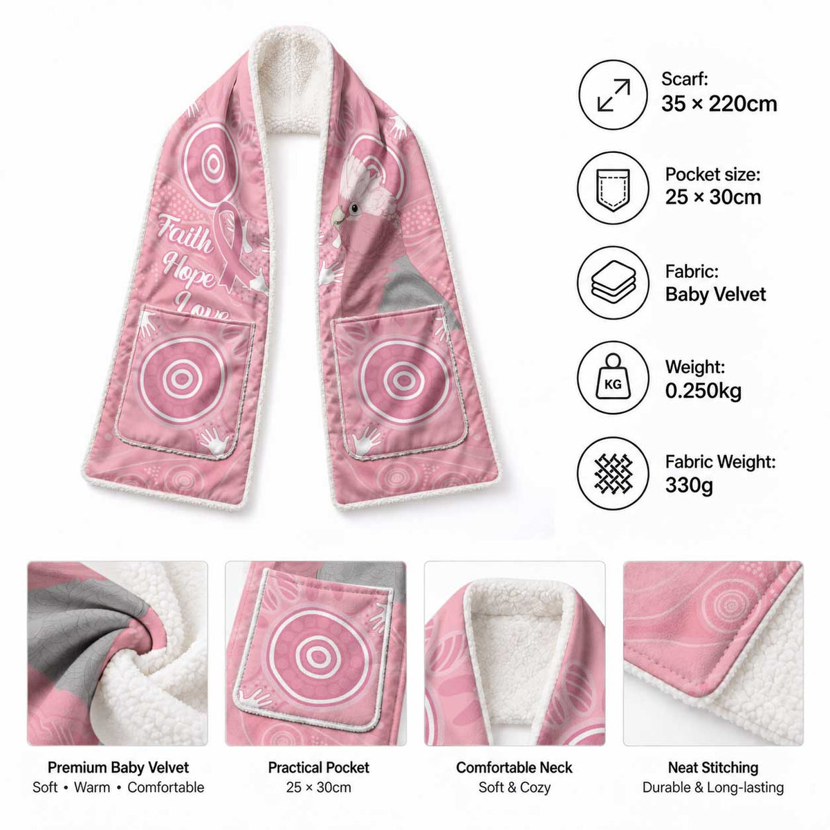 Australia Breast Cancer Awareness Pocket Scarf Galah Faith Hope Love Pink Month