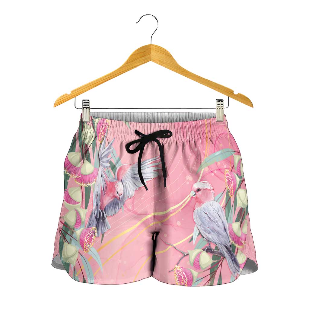 Australia Breast Cancer Awareness Shorts for Women Pink Galah with Eucalyptus Flowers - Aussie Hoodie