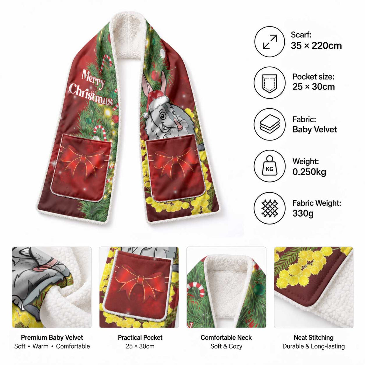 Australia Christmas Pocket Scarf Merry Xmas Billy Santa Golden Wattle