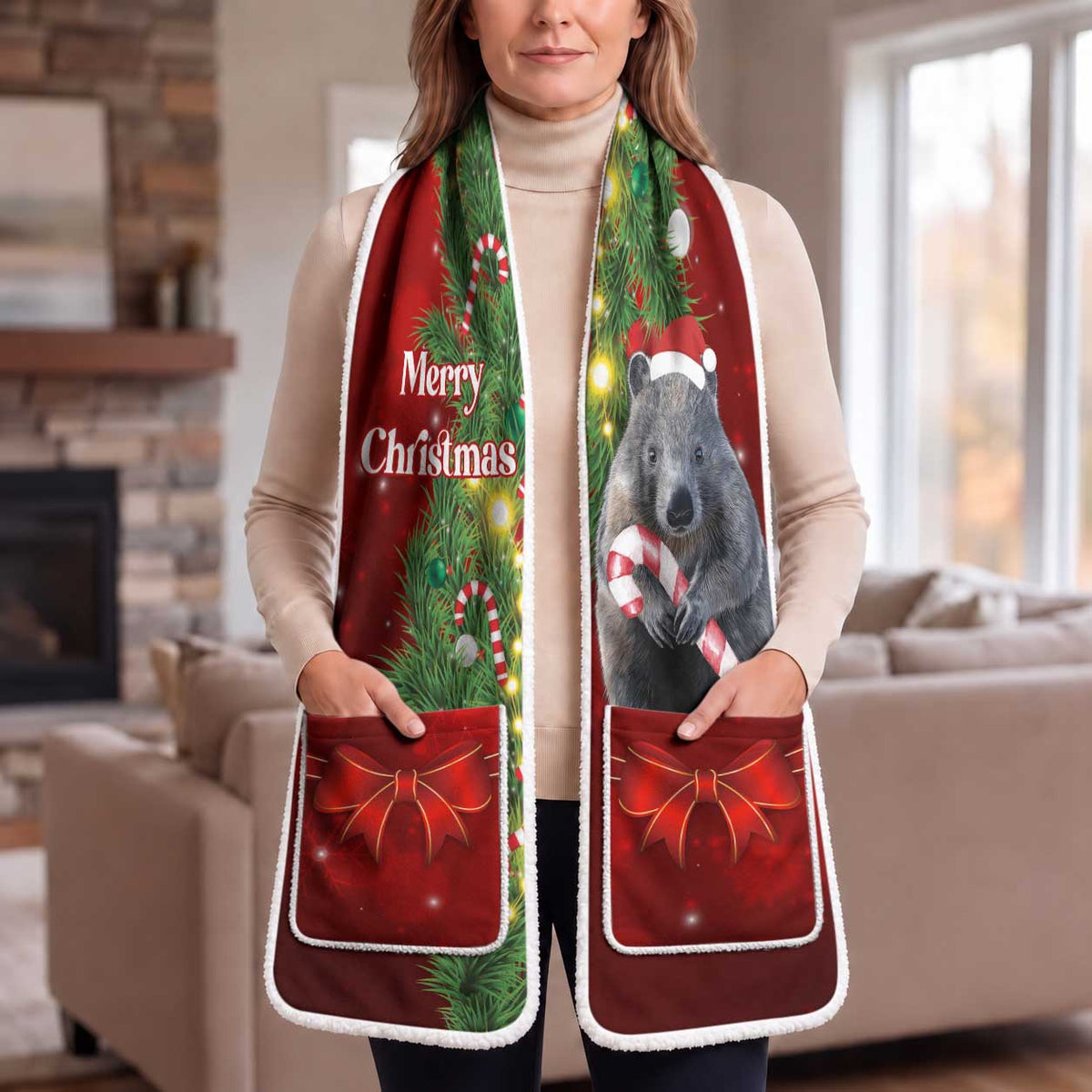 Australia Christmas Pocket Scarf Merry Xmas Wombat Santa