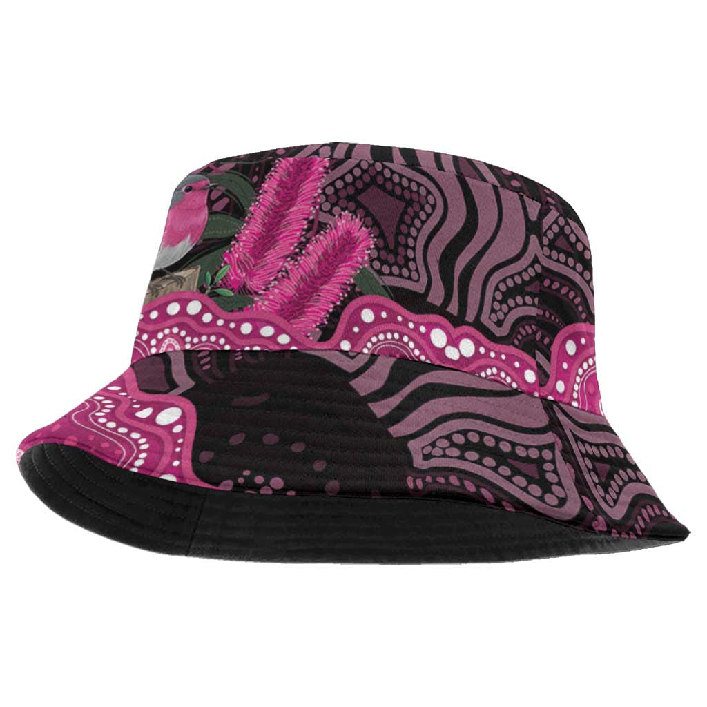 Australia Indigenous Bucket Hat Breast Cancer Pink Robin Bottlebrush Aboriginal Art - Aussie Hoodie