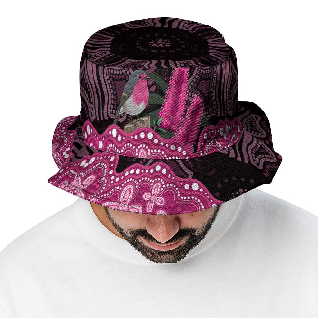 Australia Indigenous Bucket Hat Breast Cancer Pink Robin Bottlebrush Aboriginal Art - Aussie Hoodie
