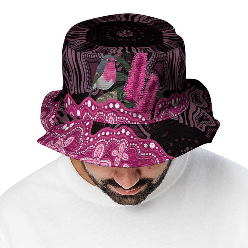 Australia Indigenous Bucket Hat Breast Cancer Pink Robin Bottlebrush Aboriginal Art - Aussie Hoodie
