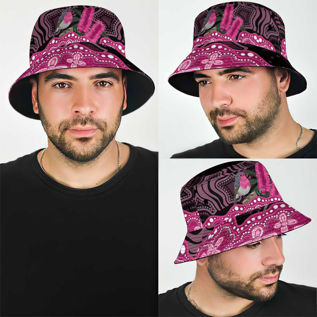 Australia Indigenous Bucket Hat Breast Cancer Pink Robin Bottlebrush Aboriginal Art - Aussie Hoodie