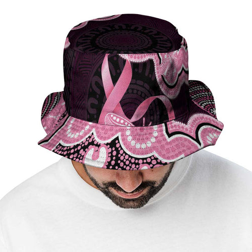 Australia Indigenous Bucket Hat Pink Ribbon Breast Cancer Butterfly Aboriginal Black - Aussie Hoodie
