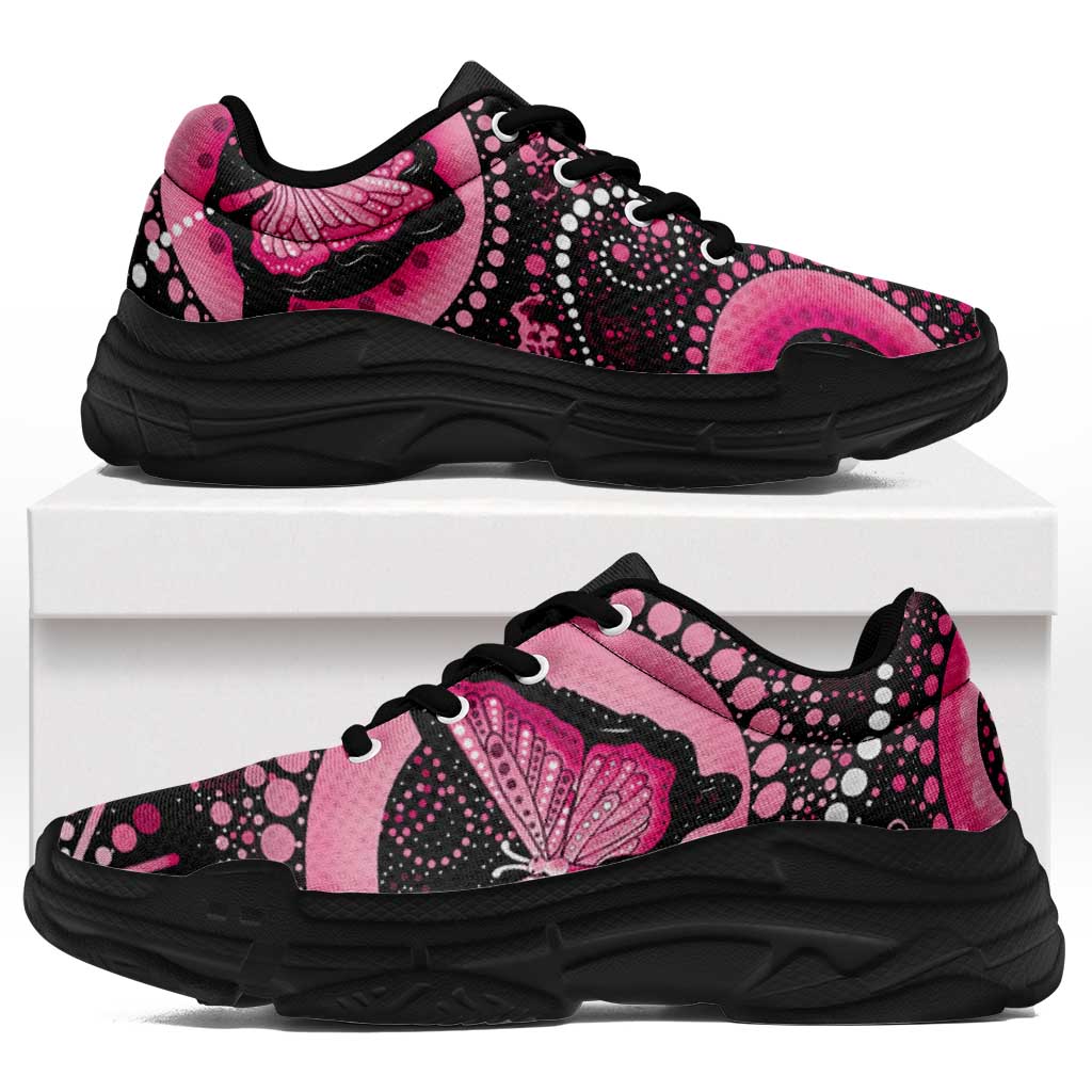 Australia Indigenous Chunky Sneakers Breast Cancer Ribbon Think Pink - Black Version - Aussie Hoodie