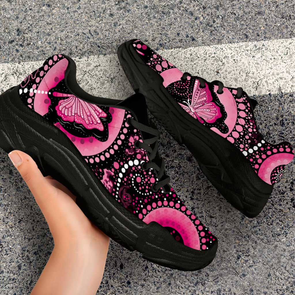 Australia Indigenous Chunky Sneakers Breast Cancer Ribbon Think Pink - Black Version - Aussie Hoodie