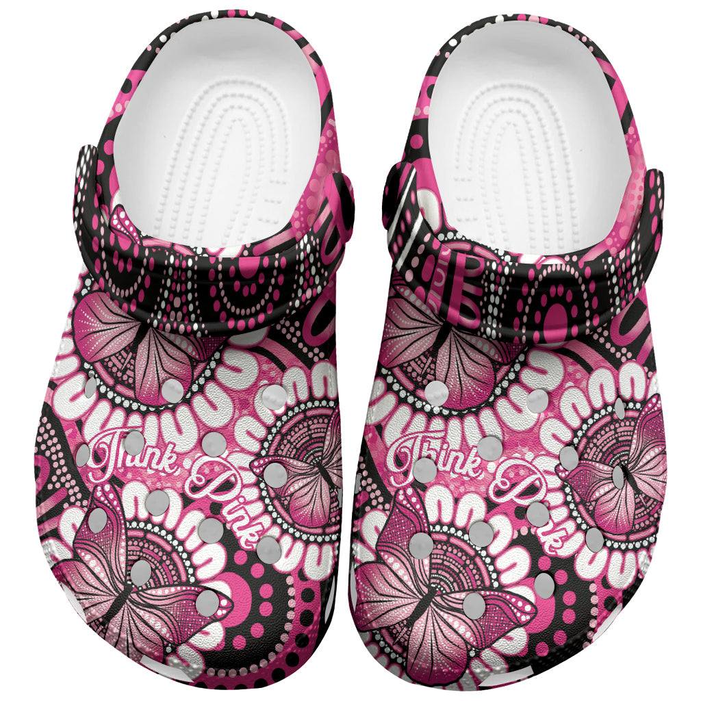 Australia Indigenous Clogs Shoes Breast Cancer Think Pink Ribbon Black Version LT14