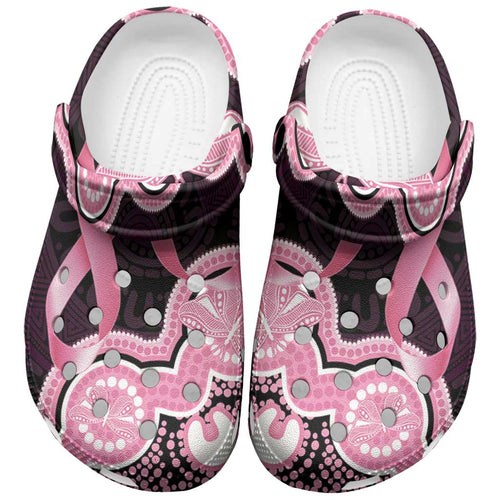 Australia Indigenous Clogs Shoes Pink Ribbon Breast Cancer Butterfly Aboriginal Black - Aussie Hoodie