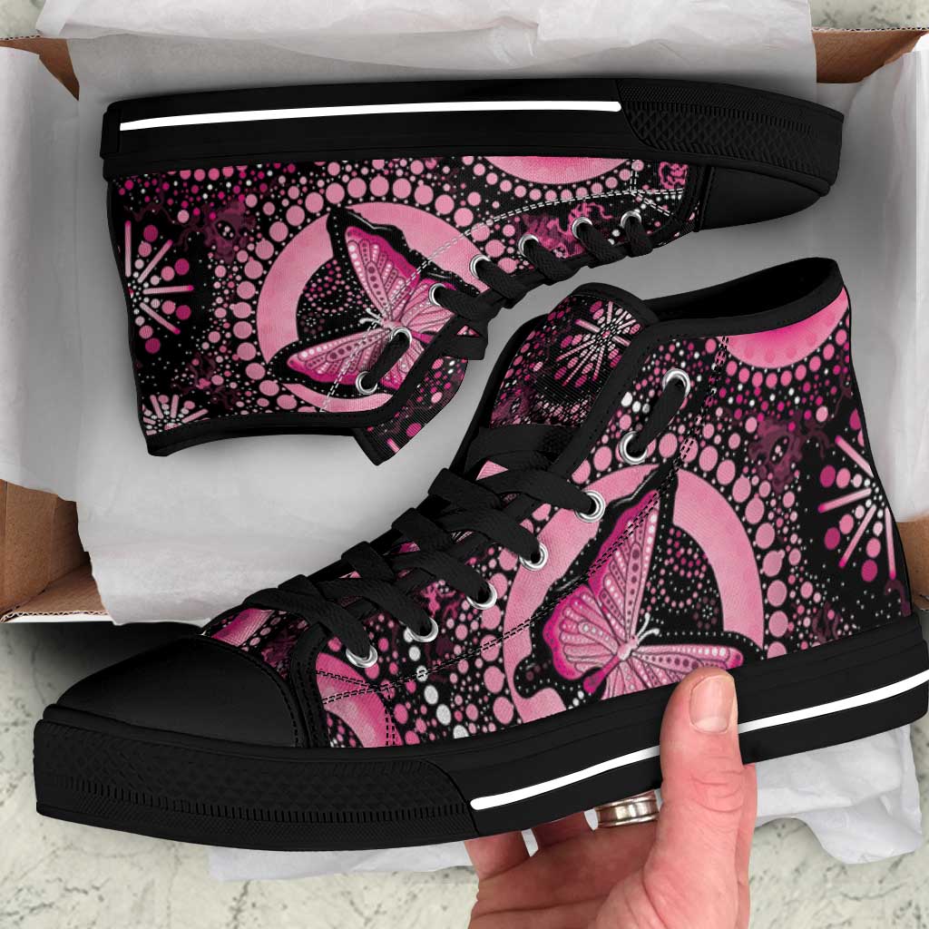 Australia Indigenous High Top Shoes Breast Cancer Ribbon Think Pink - Black Version - Aussie Hoodie