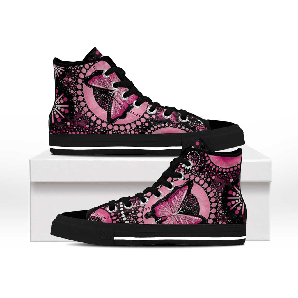 Australia Indigenous High Top Shoes Breast Cancer Ribbon Think Pink - Black Version - Aussie Hoodie