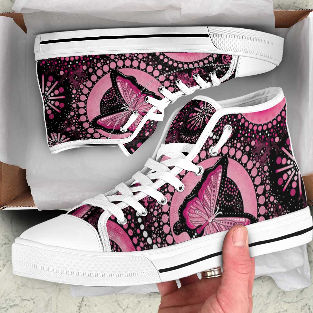 Australia Indigenous High Top Shoes Breast Cancer Ribbon Think Pink - Black Version - Aussie Hoodie
