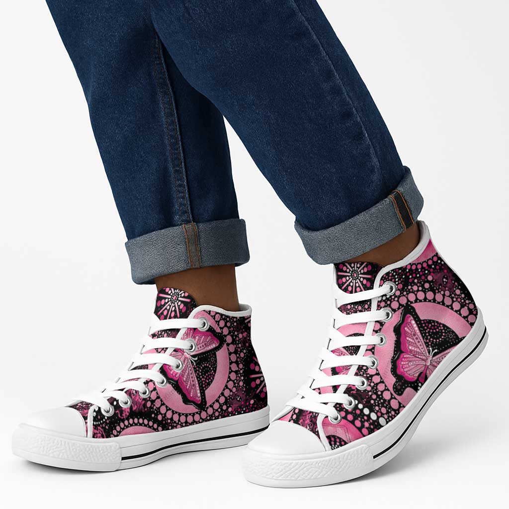 Australia Indigenous High Top Shoes Breast Cancer Ribbon Think Pink - Black Version - Aussie Hoodie