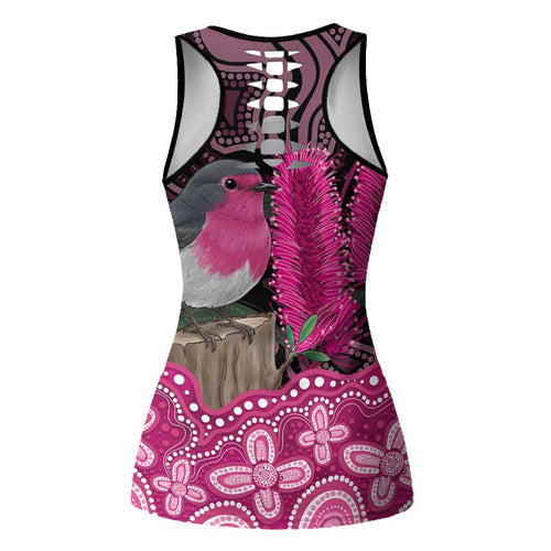 Australia Indigenous Hollow Tank Top Breast Cancer Pink Robin Bottlebrush Aboriginal Art - Aussie Hoodie