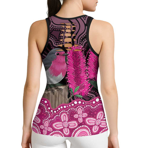 Australia Indigenous Hollow Tank Top Breast Cancer Pink Robin Bottlebrush Aboriginal Art - Aussie Hoodie