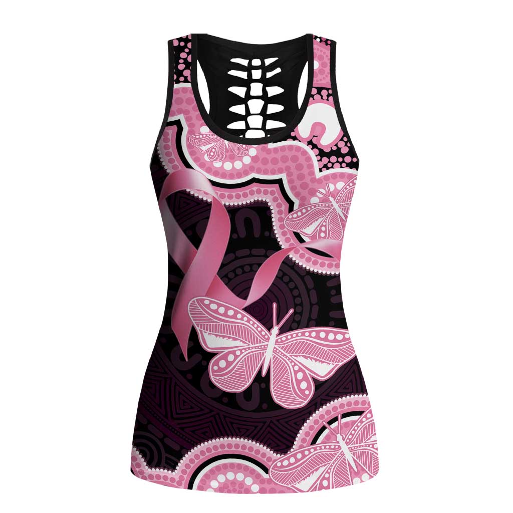 Australia Indigenous Hollow Tank Top Pink Ribbon Breast Cancer Butterfly Aboriginal Black - Aussie Hoodie