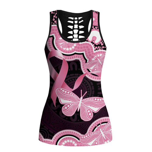 Australia Indigenous Hollow Tank Top Pink Ribbon Breast Cancer Butterfly Aboriginal Black - Aussie Hoodie