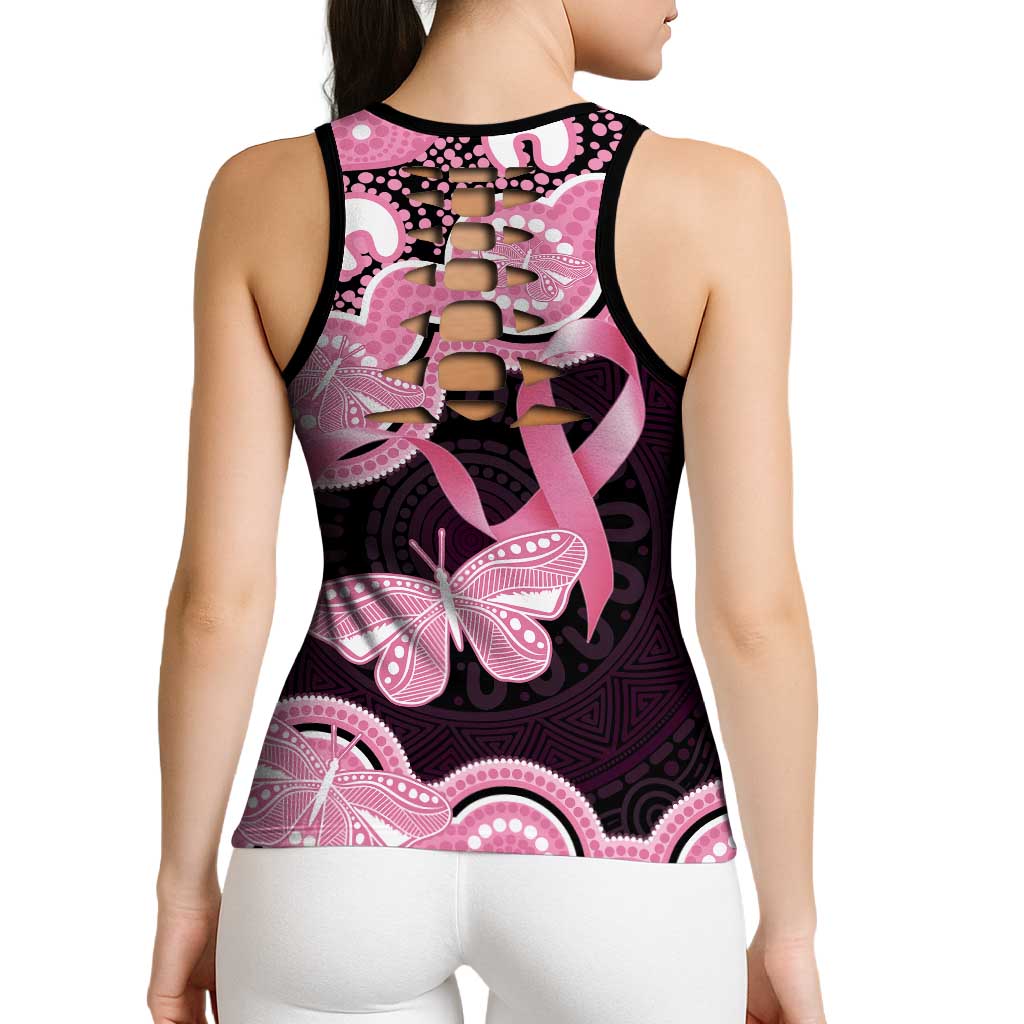 Australia Indigenous Hollow Tank Top Pink Ribbon Breast Cancer Butterfly Aboriginal Black - Aussie Hoodie