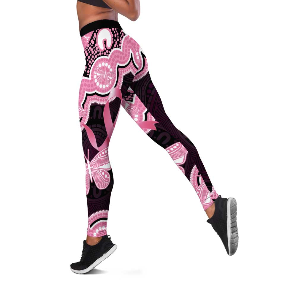 Australia Indigenous Leggings Pink Ribbon Breast Cancer Butterfly Aboriginal Black - Aussie Hoodie