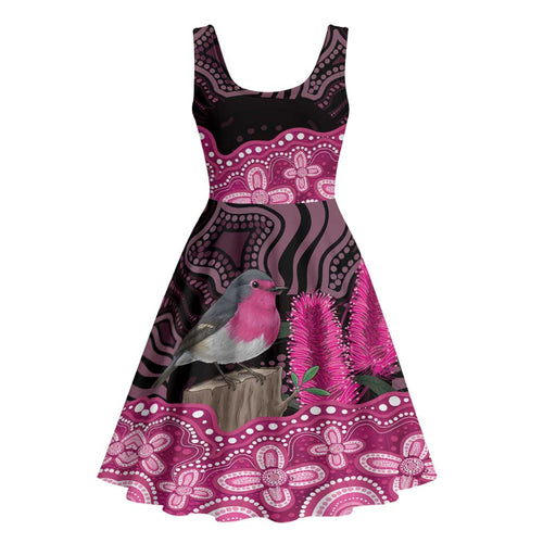Australia Indigenous Midi Dress Breast Cancer Pink Robin Bottlebrush Aboriginal Art - Aussie Hoodie