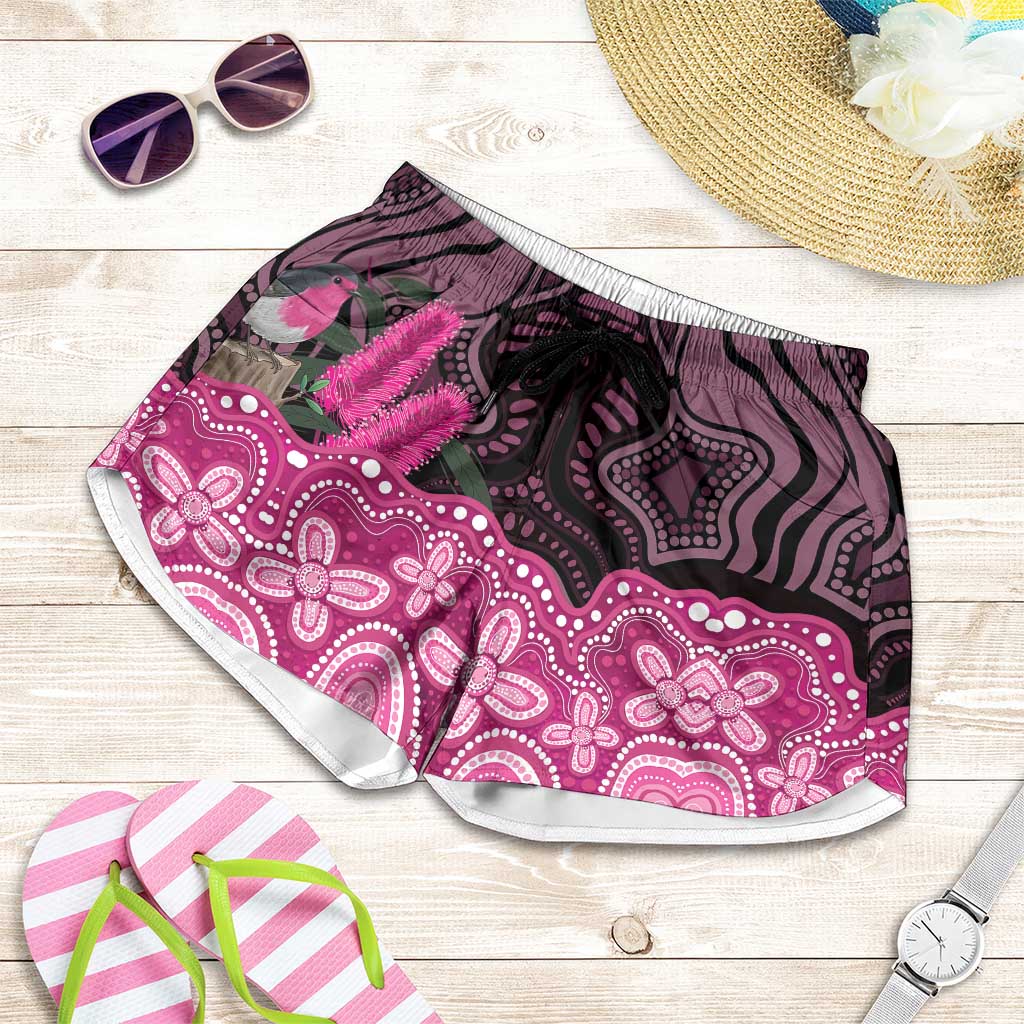 Australia Indigenous Shorts for Women Breast Cancer Pink Robin Bottlebrush Aboriginal Art - Aussie Hoodie
