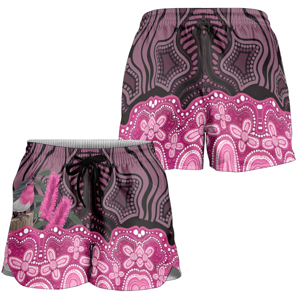 Australia Indigenous Shorts for Women Breast Cancer Pink Robin Bottlebrush Aboriginal Art - Aussie Hoodie