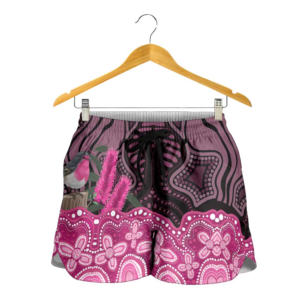 Australia Indigenous Shorts for Women Breast Cancer Pink Robin Bottlebrush Aboriginal Art - Aussie Hoodie