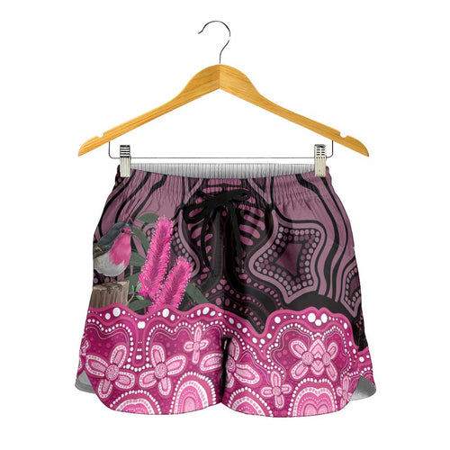 Australia Indigenous Shorts for Women Breast Cancer Pink Robin Bottlebrush Aboriginal Art - Aussie Hoodie
