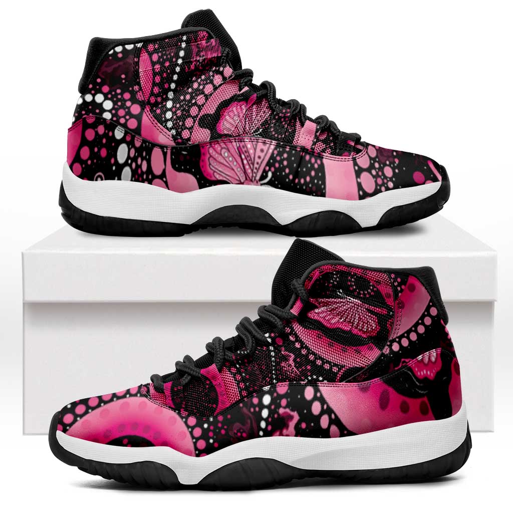 Australia Indigenous Sneakers J11 Breast Cancer Ribbon Think Pink - Black Version - Aussie Hoodie