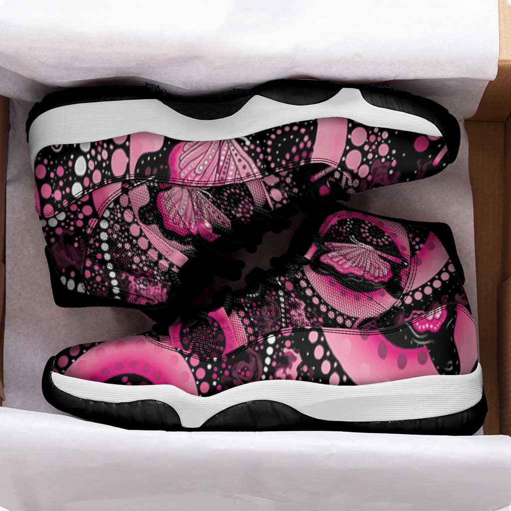 Australia Indigenous Sneakers J11 Breast Cancer Ribbon Think Pink - Black Version - Aussie Hoodie