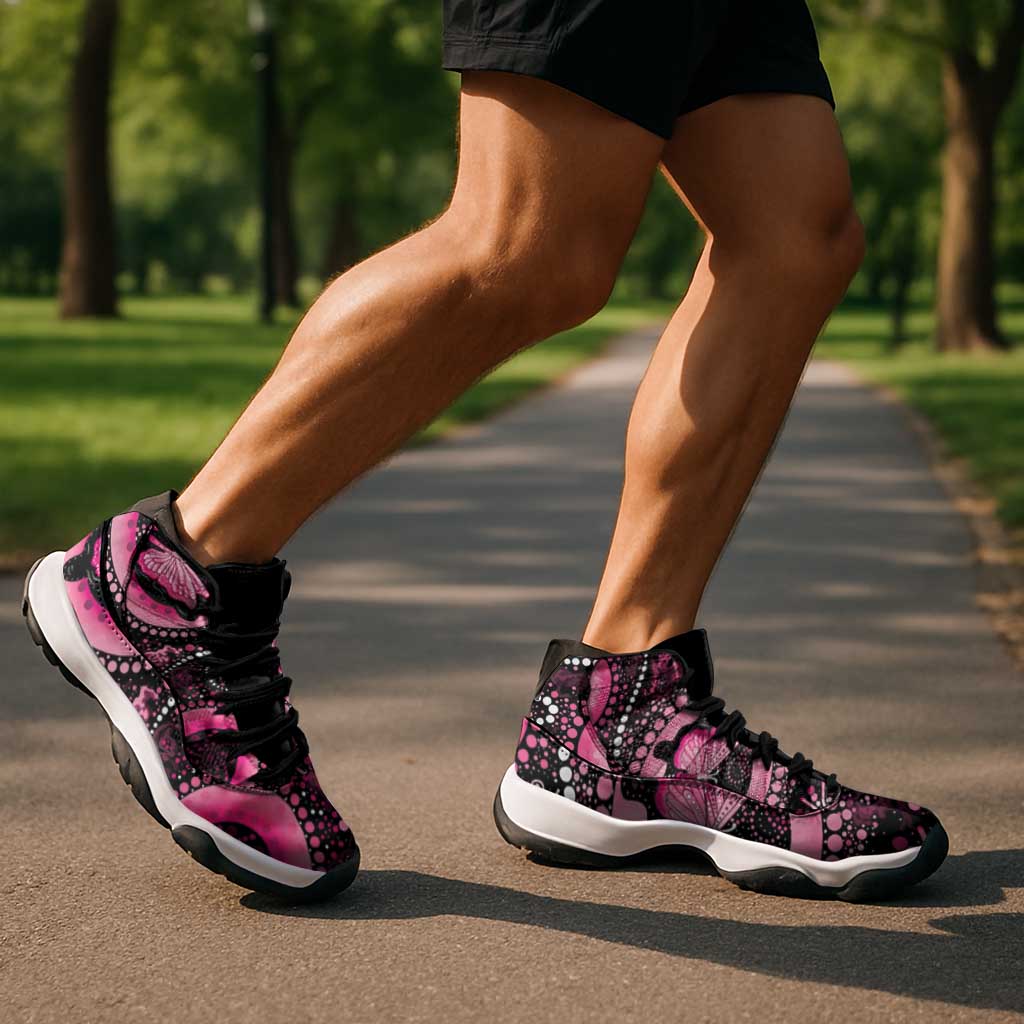 Australia Indigenous Sneakers J11 Breast Cancer Ribbon Think Pink - Black Version - Aussie Hoodie