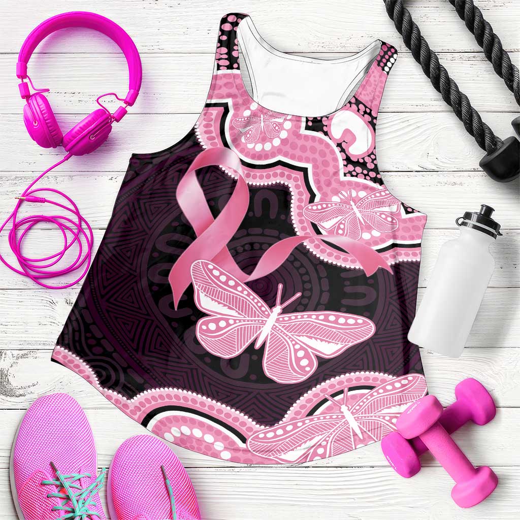 Australia Indigenous Women Racerback Tank Pink Ribbon Breast Cancer Butterfly Aboriginal Black - Aussie Hoodie