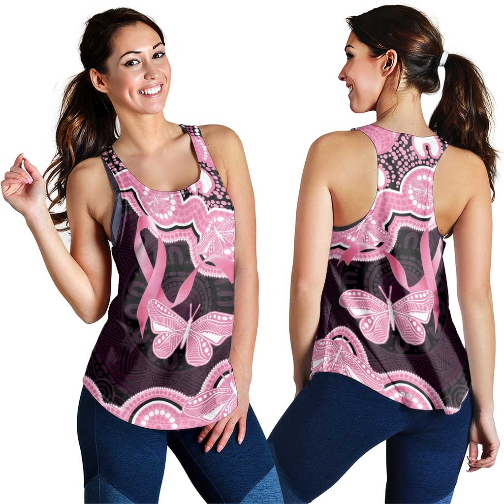 Australia Indigenous Women Racerback Tank Pink Ribbon Breast Cancer Butterfly Aboriginal Black - Aussie Hoodie