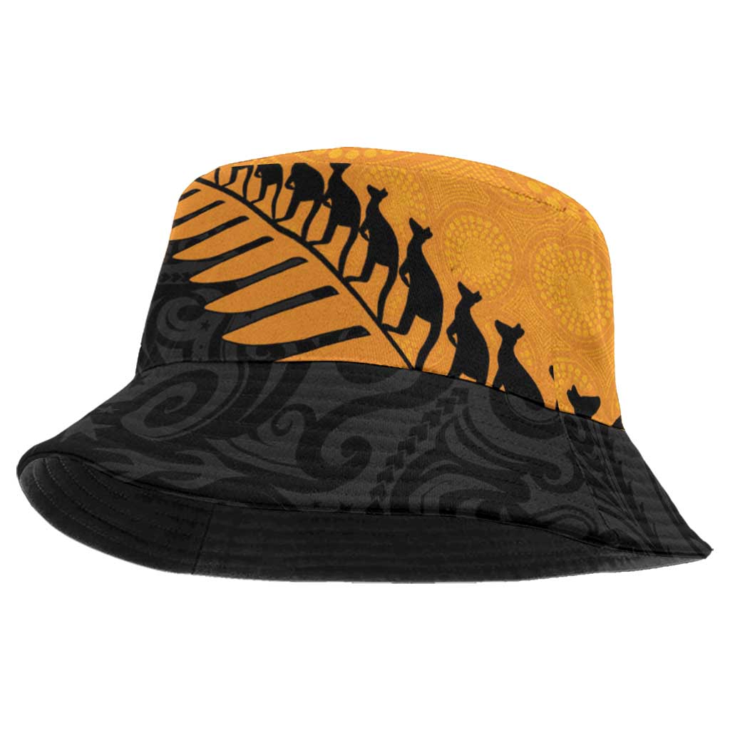 Australia New Zealand Rugby Bucket Hat Gold Aboriginal Wallabies and Maori Black Fern - Aussie Hoodie