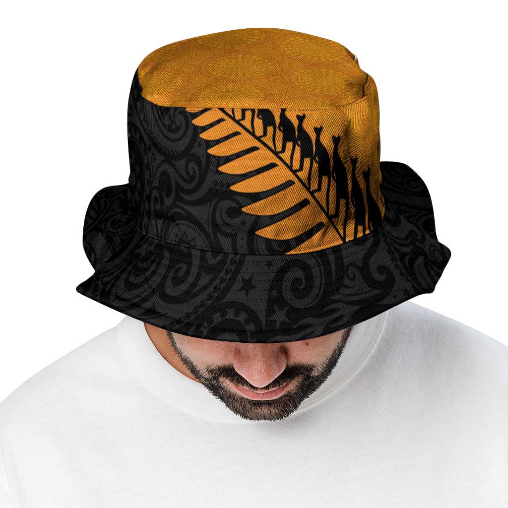 Australia New Zealand Rugby Bucket Hat Gold Aboriginal Wallabies and Maori Black Fern - Aussie Hoodie