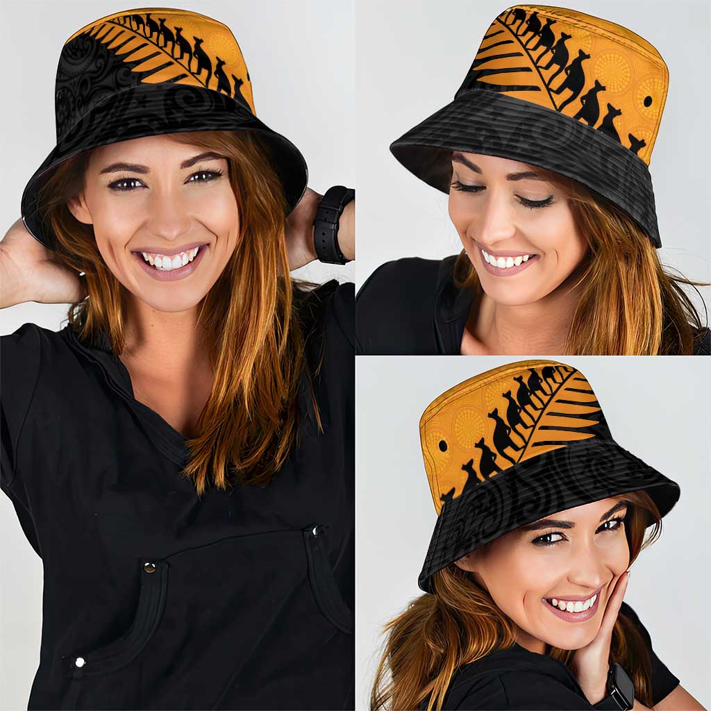 Australia New Zealand Rugby Bucket Hat Gold Aboriginal Wallabies and Maori Black Fern - Aussie Hoodie