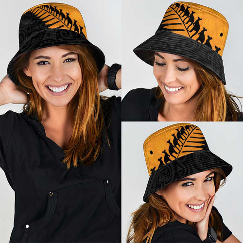 Australia New Zealand Rugby Bucket Hat Gold Aboriginal Wallabies and Maori Black Fern - Aussie Hoodie