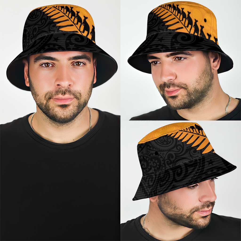 Australia New Zealand Rugby Bucket Hat Gold Aboriginal Wallabies and Maori Black Fern - Aussie Hoodie