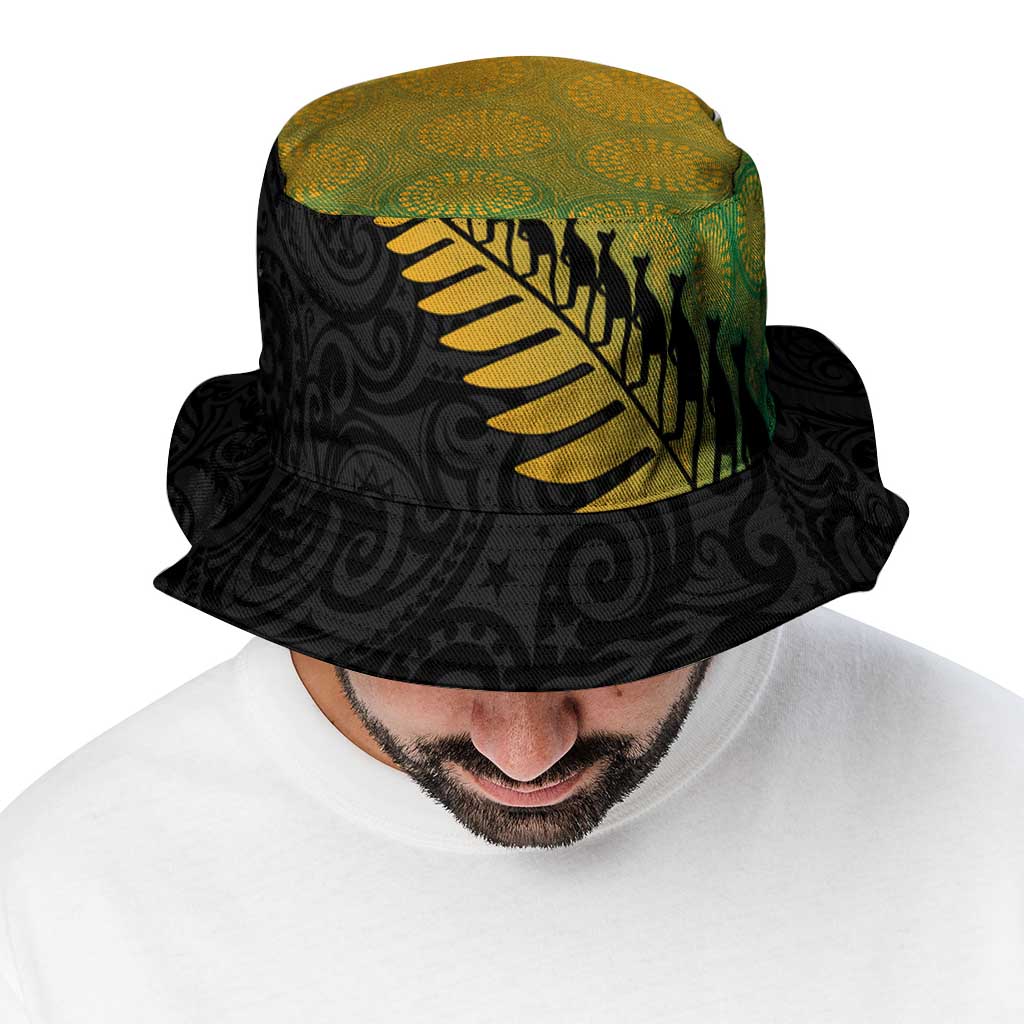 Australia New Zealand Rugby Bucket Hat Gradient Aboriginal Wallabies and Maori Black Fern - Aussie Hoodie
