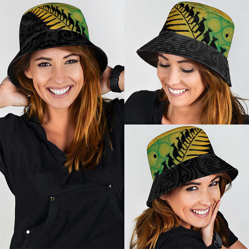 Australia New Zealand Rugby Bucket Hat Gradient Aboriginal Wallabies and Maori Black Fern - Aussie Hoodie