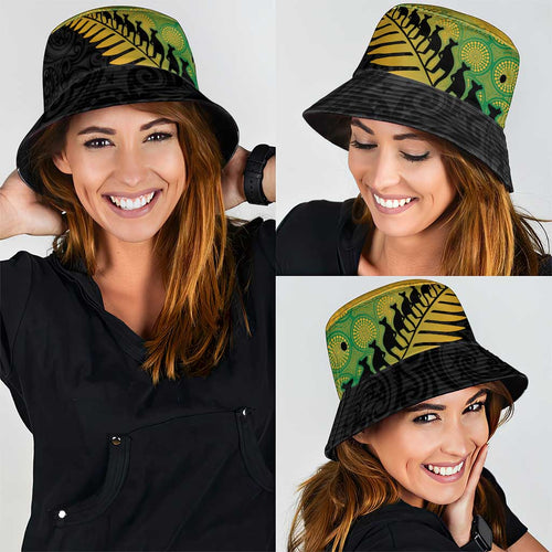 Australia New Zealand Rugby Bucket Hat Gradient Aboriginal Wallabies and Maori Black Fern - Aussie Hoodie