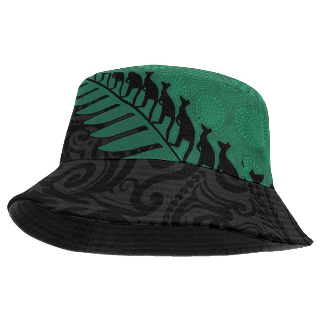 Australia New Zealand Rugby Bucket Hat Green Aboriginal Wallabies and Maori Black Fern - Aussie Hoodie