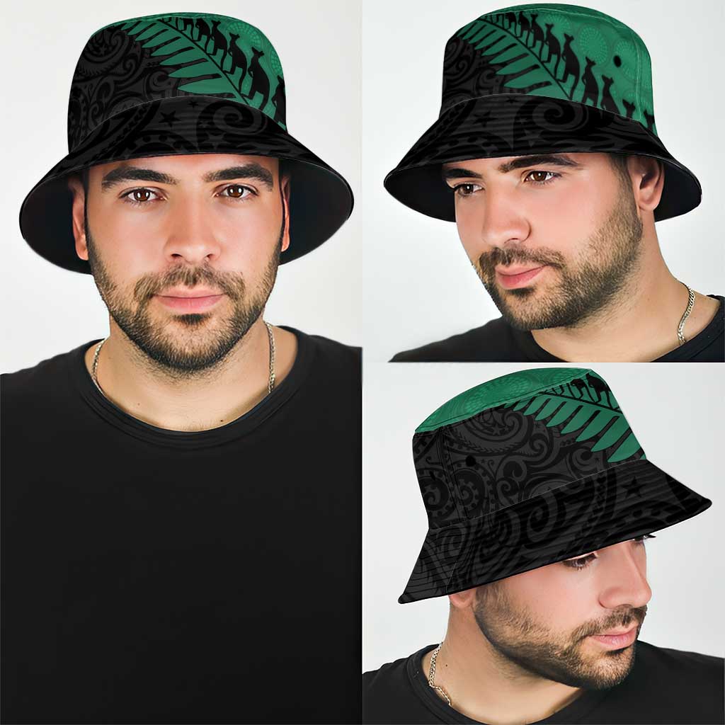 Australia New Zealand Rugby Bucket Hat Green Aboriginal Wallabies and Maori Black Fern - Aussie Hoodie