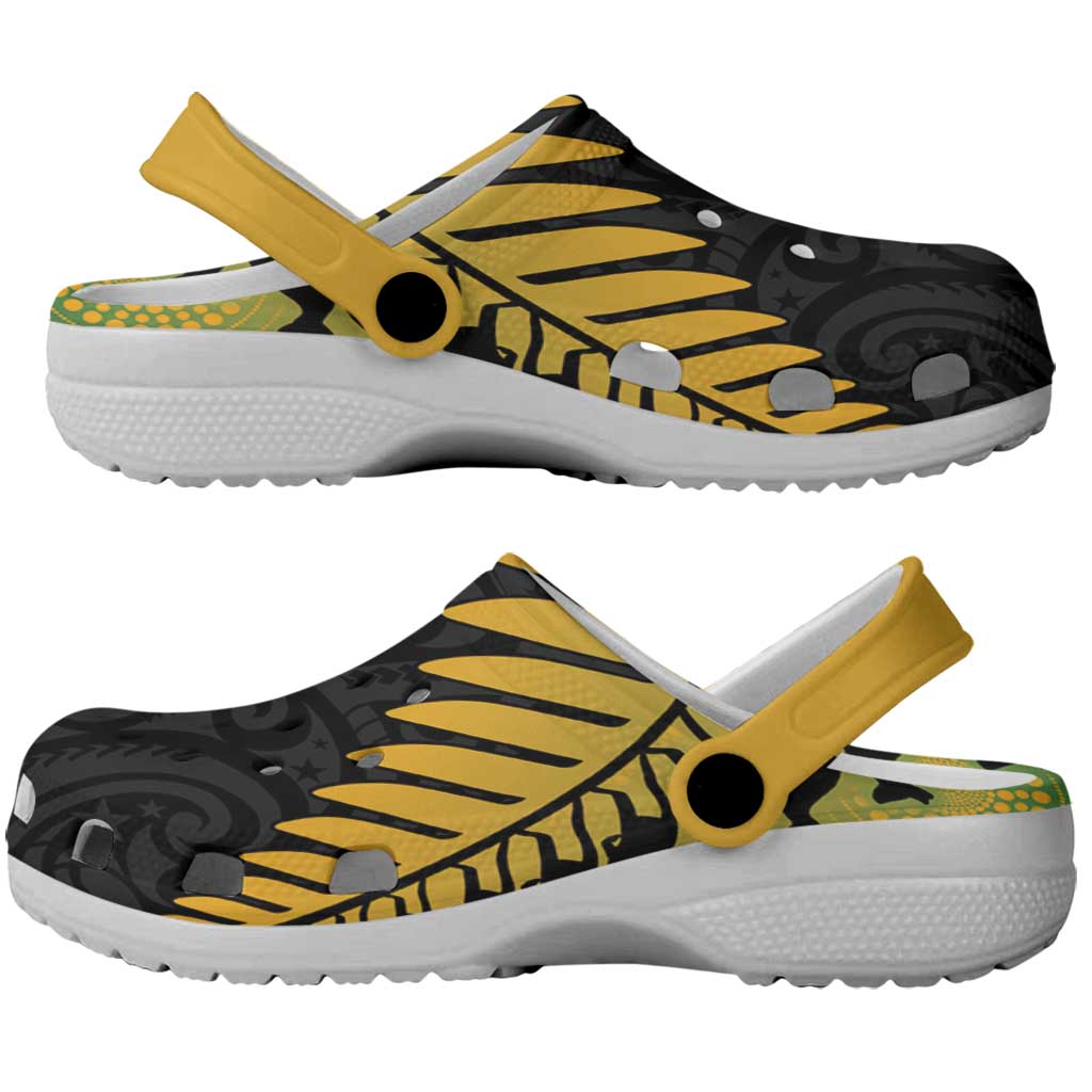 Australia New Zealand Rugby Clogs Shoes Gradient Aboriginal Wallabies and Maori Black Fern - Aussie Hoodie