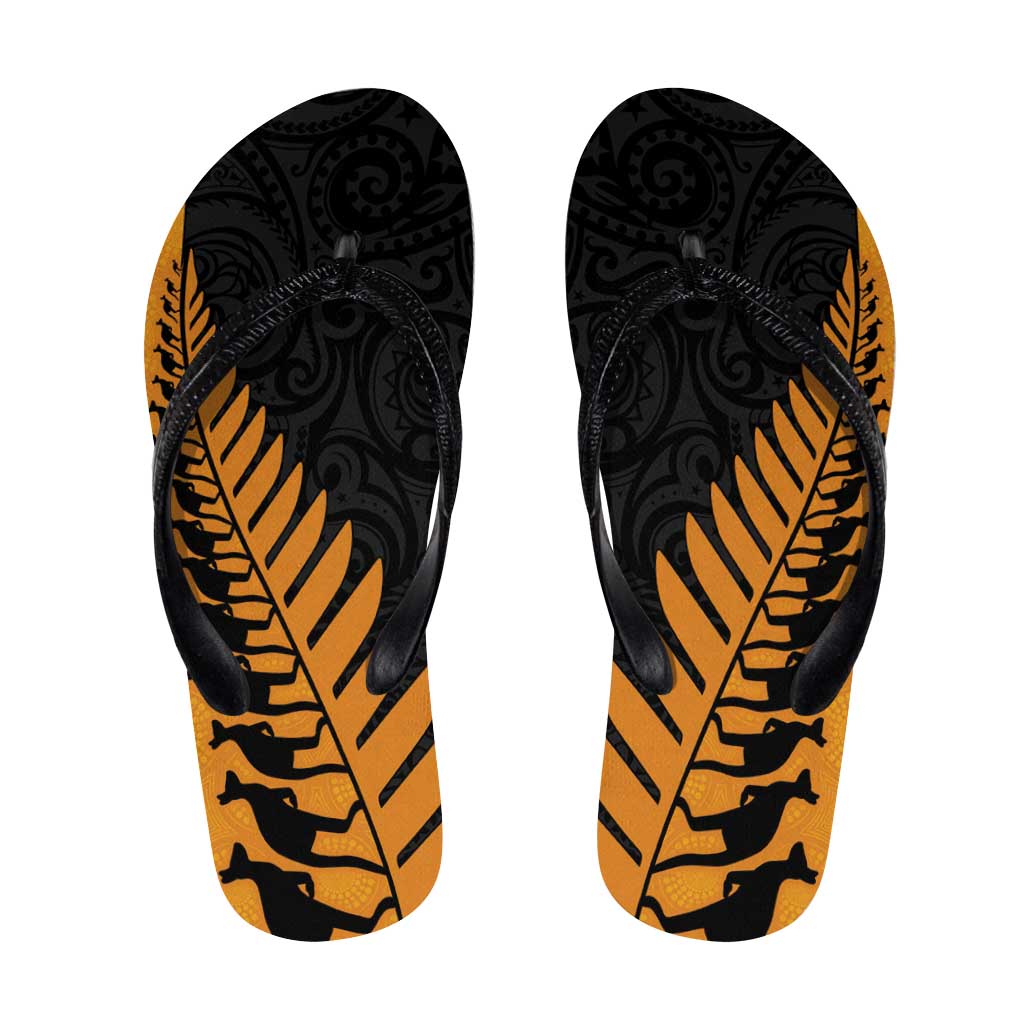 Australia New Zealand Rugby Flip Flops Gold Aboriginal Wallabies and Maori Black Fern - Aussie Hoodie