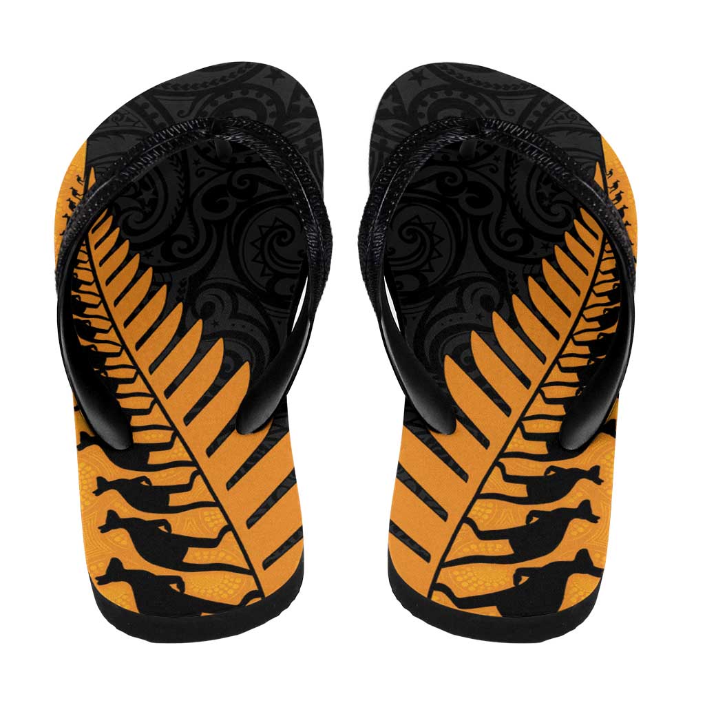 Australia New Zealand Rugby Flip Flops Gold Aboriginal Wallabies and Maori Black Fern - Aussie Hoodie